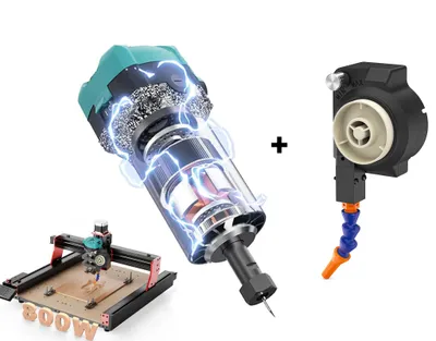 A composite image showing a CNC router spindle, a CNC air cooling kit, and a small CNC machine with wooden letters being carved.