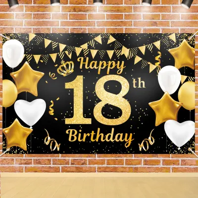 18. Geburtstag Hintergrundbanner, Schwarz-Gold, 180x110 cm