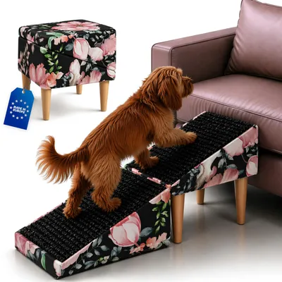 Produktbild von Outentin Klappbare Hundetreppe & Hunderampe für Sofa und Bett, rutschfest, stabil, 36 cm, Blumenmuster
