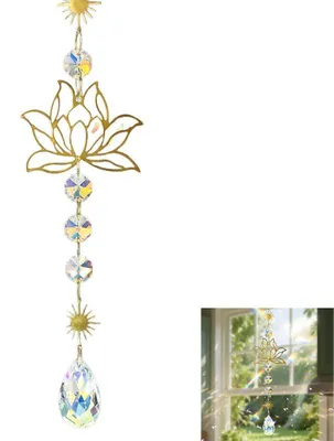 Produktbild von 2 Stück Lotus Sonnenfänger Kristall Fensterdeko mit Prisma Glas Windspiel aus Messing,Lichtfänger Anhänger für Fenster, Balkon & Wohnzimmer,gartendeko