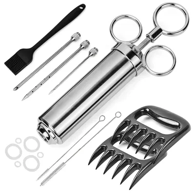 Pulled Pork Set 15-tlg. mit Marinadespritze 60 ml, 3 Nadeln & Klauen