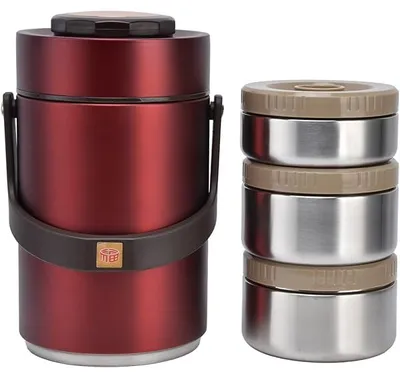 Produktbild von Thermobehälter für Essen, 2,3 L Isolierter Lebensmittelbehälter 304 Edelstahl 3 Lagiger Warmhaltebehälter für Büro Reisen Camping Picknick (Rot)