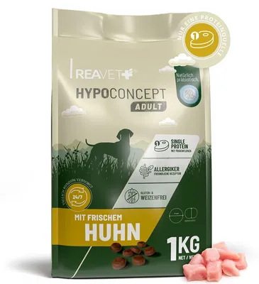 Produktbild von REAVET HYPOCONCEPT Hundetrockenfutter Huhn 1kg – Single-Protein mit Frischfleisch | Weizenfrei & ohne Zucker | Trockenfutter Adult für alle Hunde & Rassen, auch für sensible Hunde & allergikerfreundlich