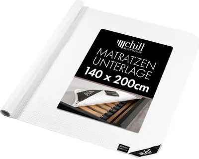 A white mattress protector is rolled up and displayed on a white background, with a product label showing details and an image of the protector on a bed frame.