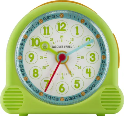 A close-up front view of a child's alarm clock.