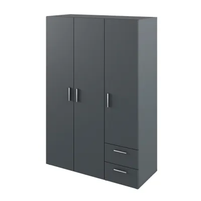 A three-door wardrobe with drawers in graphite color, presented on a white background.