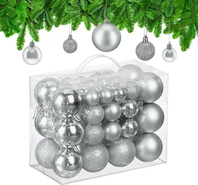 Produktbild von Relaxdays Weihnachtskugeln im 50er Set, Kunststoff, glitzernde, matte, glänzende Baumkugeln, Christbaumschmuck, silber