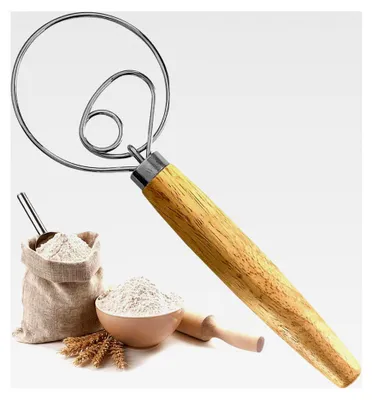 Produktbild von Dänischer Teigbesen – Schneebesen mit Holzgriff und Edelstahlschlaufen – Mehl Teigbesen für Brot-, Kuchen- und Pizzateig – Robust und langlebig – 24,5 cm lang
