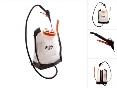 A white backpack sprayer with orange accents and a black hose is shown against a white background. The product is also shown in smaller inset images.
