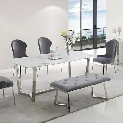 Produktbild von Moderner Esstisch in weißer Marmor-Optik mit Edelstahlbeinen – 180 x 90 x 76 cm
