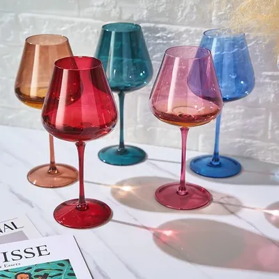 Produktbild von Farbiges Kristall-Weinglas-Set, 5 Stück, große 590 ml Gläser, Frühling, hell, einzigartiger italienischer Stil, hoher Stiel, Wasser-Abendessengläser, schöne Gläser – (Stiel)