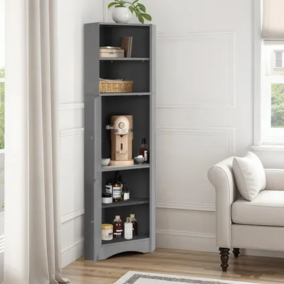 Image de OKWISH Meuble de Salle de Bain, Armoire de Salle de Bain avec Étagères Réglables et Compartiment Ouvert, Meuble d'Angle - Panneau de Particules - Gris Clair