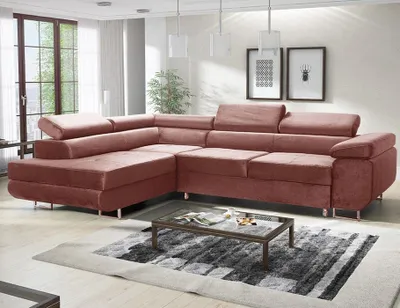 Produktbild von Avatar Velvet Ecksofa in L-Form 277 x 73 x 203 cm mit Schlaffunktion und Bettzeugbehälter - Schlafsofa mit Bettkasten - Eckcouch mit Stauraum - Rechts - Farbe: Monolith Rosa (MO63)