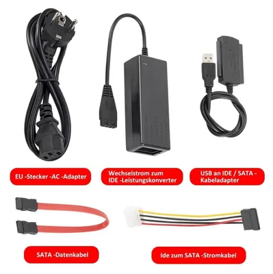 Produktbild von USB auf IDE SATA Adapter Kabel für 21/2 Zoll und 31/2 Zoll HDD SSD Festplatten mit Netzteil Konverter für Festplatten-Dockingstation bis 480 Mbit Universal