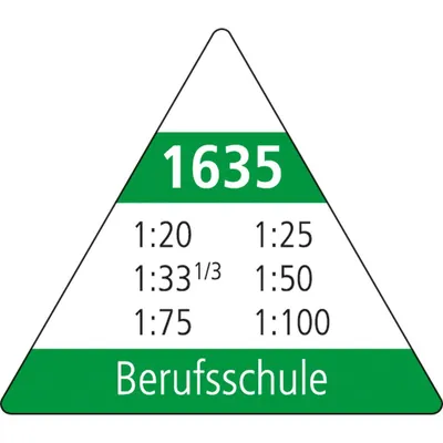 A triangular ruler with different scale ratios and text.