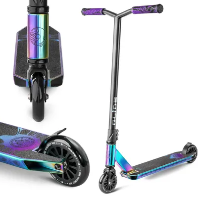 A stunt scooter is shown from multiple angles against a white background.
