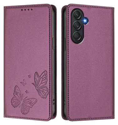 Image de Étui en cuir pour Samsung Galaxy M55, motif papillon, étui à rabat avec porte-appareil, violet
