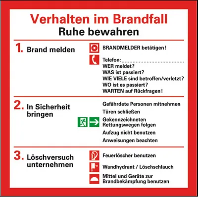 Produktbild von Dreifke® Notfallplan Verhalten im Brandfall, Folie, selbstklebend, 200x200 mm