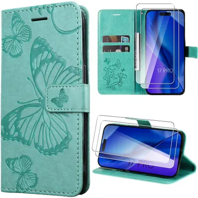 Image de Coque + 2 Verres Trempés pour iPhone 17 Pro, Protection Rabat Anti-Rayures Synthécuir Relief Papillon Vert