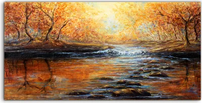 Produktbild von Coloray Acrylbild 140x70  Wandbild Acrylbilder Deko Landschaft Wasser Bäumen Herbst