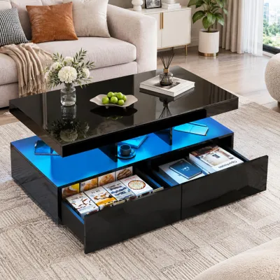 Imagen del producto de Mesa de centro INONEFT, mesa de salón con iluminación LED de 16 colores, moderna mesa auxiliar con estantes y cajones, 104 x 53 x 46 cm, color negro