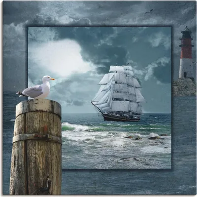 Produktbild von Mausopardia: Maritime Collage mit Segelschiff, Produkt:Leinwand, Größe (HxB):30x30 cm / Leinwand
