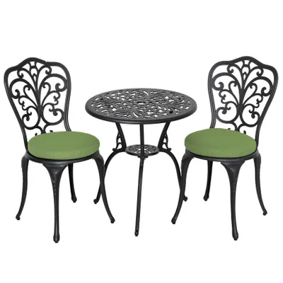 Produktbild von Avestar 3-teiliges Bistro Set mit 2 grünen Kissen, Gartenmöbel Set aus Aluminiumguss, Bistrotisch mit Schirmloch mit 2 Stühlen, Schwarz und Grünen