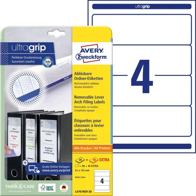 Produktbild von Ordner-Etiketten 192x61 mm ablösbar 20 Blatt/80 Etiketten weiß Packung mit 30 Stück