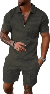 Produktbild von ASKSA Herren Sommer Trainingsanzug Polo Hemd Set Kurzarm T-Shirts und Shorts Outfit Freizeitanzug, Grau, Groesse: L