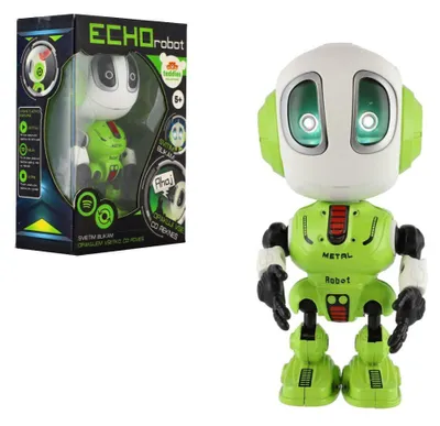 Immagine prodotto di Robot ECHO, che ripete le frasi, in metallo, verde, alto 12 cm, alimentato a batteria, con suoni e luci, confezionato in una scatola di 10,5 x 15 x 5,5 cm