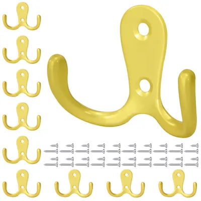 Produktbild von Kleiderhaken, Schrankhaken, Doppelhaken, Wandhaken, Metall mit Schrauben für Bad und Küche, 10 Stück, goldfarben