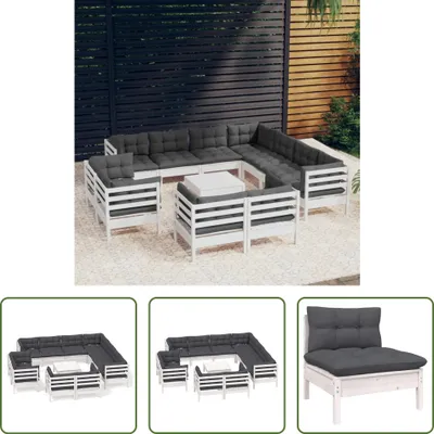Produktbild von The Living Store 12-tlg. Garten-Lounge-Set mit Kissen Weiß Massivholz Kiefer