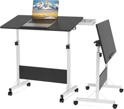 A black and white adjustable laptop table with wheels, shown from a slightly angled front view.
