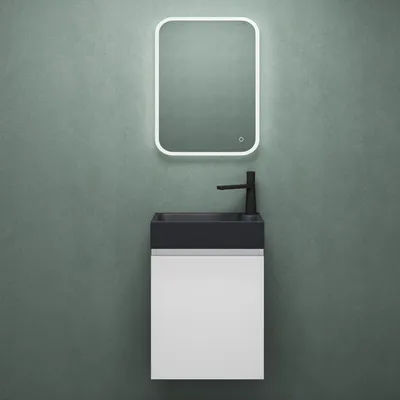 Produktbild von Mai & Mai Badmöbelset Badezimmermöbel bestehend aus Mineralguss Waschbecken LED-Spiegel und Waschbeckenunterschrank in Weiß matt, BTH: 46x26x63cm Pisa02