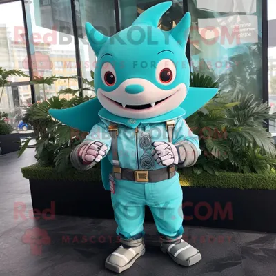 Produktbild von Türkisfarbener REDBROKOLY Hai Maskottchen Kostüm gekleidet mit einer Bluse und Digitaluhren