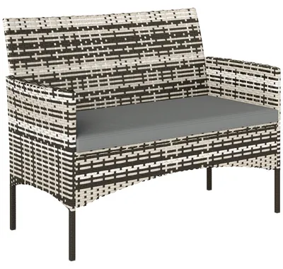 Produktbild von 2-Sitzer Gartensofa aus PE-Rattan, mit Kissen, Antirutschmatten und Stahlrahmen, hellgrau.