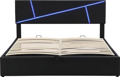 Produktbild von MODFU Boxspringbett Hydraulisches 140 x 200 cm mit LED-Lichtleisten, Polsterbett Funktionelles mit Lattenrost, Doppelbett Stauraumbett mit Bettkasten Stauraum, Kunstleder Schwarz(Ohne Matratze)