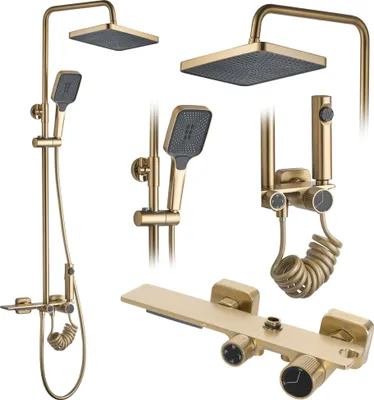 A collection of gold-colored shower fixtures, including a showerhead, handheld shower, and faucet controls, arranged against a white background.