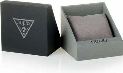 A black Guess branded box and an open grey box with a grey cushion inside, likely for a watch.