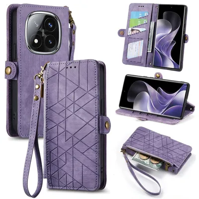 Immagine prodotto di Per Xiaomi Redmi Note 14 Pro Plus 5G Design geometrico Custodia in Similcuoio Zipper Book Wallet con cinturino viola