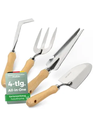 Produktbild von holz4home® Gartenwerkzeug Set 4-tlg. I Edelstahl & Eschenholz I Handschaufel, Unkrautstecher, Fugenkratzer, Gartengabel I Ergonomische Handwerkzeuge