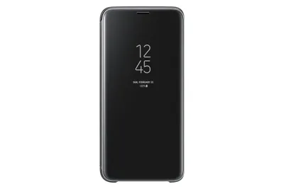A black Samsung Galaxy S9 phone case with the time and date displayed on the screen.