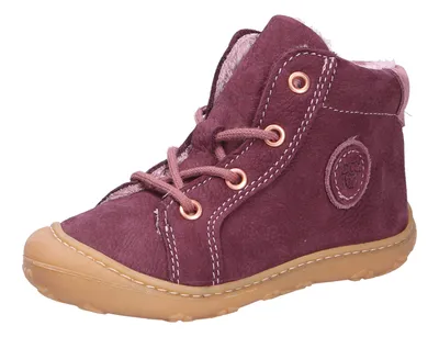 A single plum-colored baby bootie is shown against a white background.