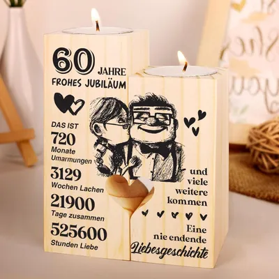 Produktbild von Hochwertiger Holz Kerzenständer für Diamantene Hochzeit - 60. Hochzeitstag Geschenk - Dekoration für Paare & Ehepartner
