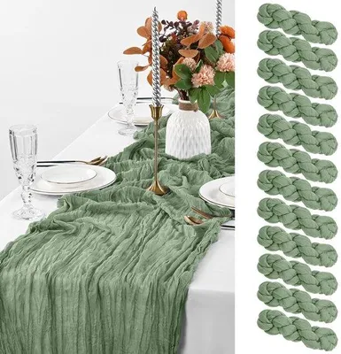 Produktbild von 12 Stück Saliegroene Tafelloper-Set aus Gaze, 90x300 cm, Boho-Tischdecke für Hochzeiten, Geburtstage und Partydekoration