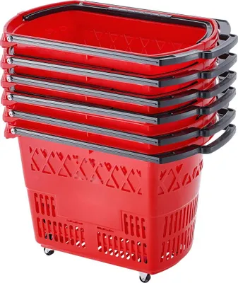 Obrázek produktu pro Plastový nákupní vozík - 6dílný - 39 l - Červená rukojeť - Robustní nákupní vozík - Skládací - Lehký a praktický