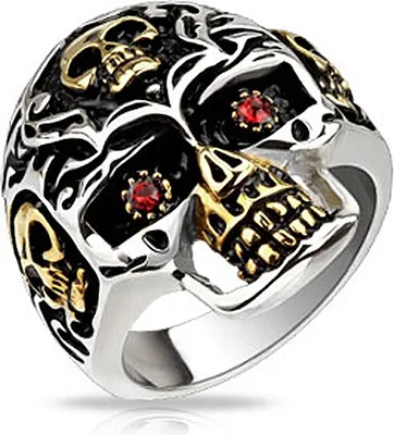 Produktbild von Totenkopf Ring Herren Edelstahl Biker Skull Kristall Auge Rot Gold Gothic Massiv Punk Rocker Zirkonia silber-gold 62 - Ø 19,76 mm
