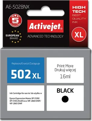 Produktbild von Activejet AE-502BNX Tintenpatrone (Ersatz für Epson 502XL W14010; Höchste; 16ml; schwarz), Hohe (XL-) Ausbeute, Schwarz, Tinte auf Pigmentbasis, 16 ml, 1 Stück(e), Einzelpackung