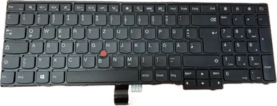 A black keyboard with a red trackpoint in the center.