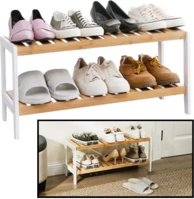Produktbild von Schuhregal aus Bambus - 70 cm breit - Für 6 Paar Schuhe - Regal mit 2 Regalböden - Auch als offenes Badregal / Organizer fürs Bad - Decopatent